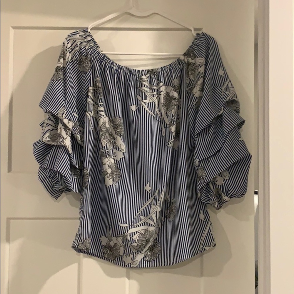 Blue and White Stripe Floral Shirt